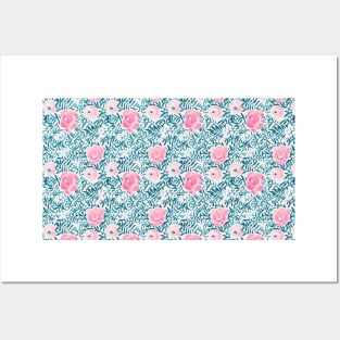 Blue and Pink Flowers Pattern Posters and Art